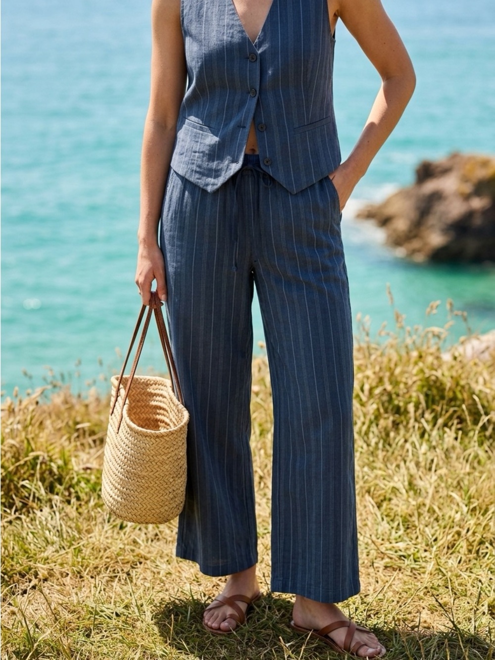 L.L. Bean Blue Pinstripe Wide-Leg Pants